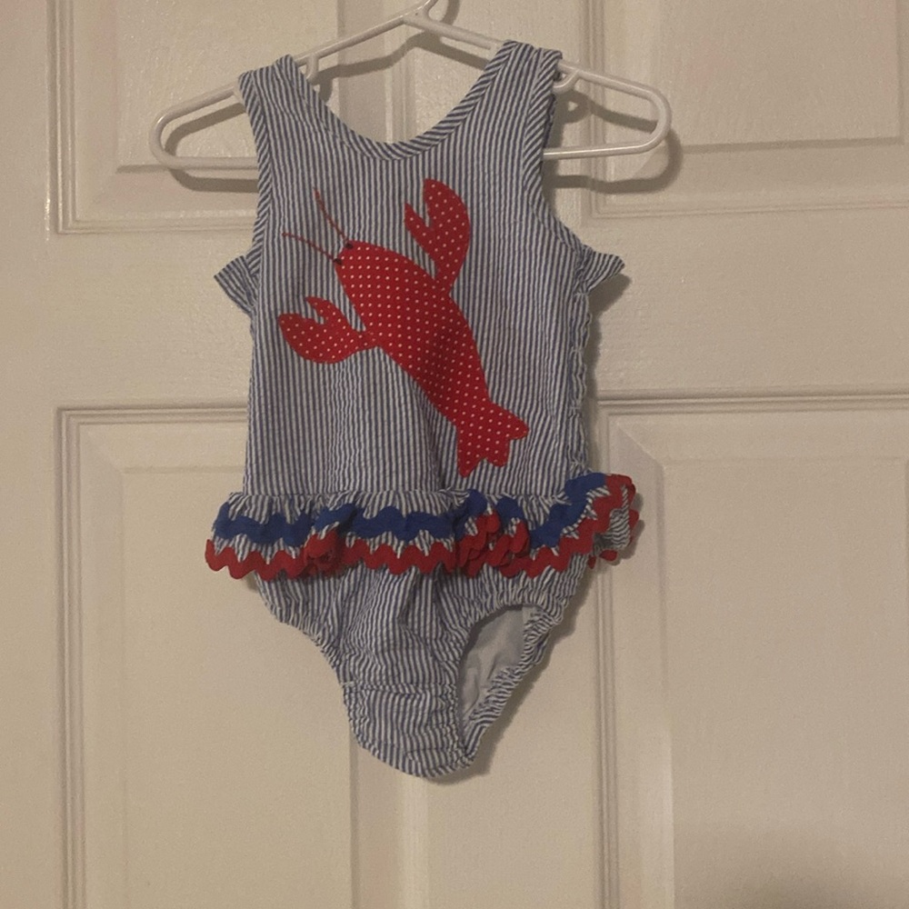Girls Blue Seersucker Bubble with Red Lobster Applique